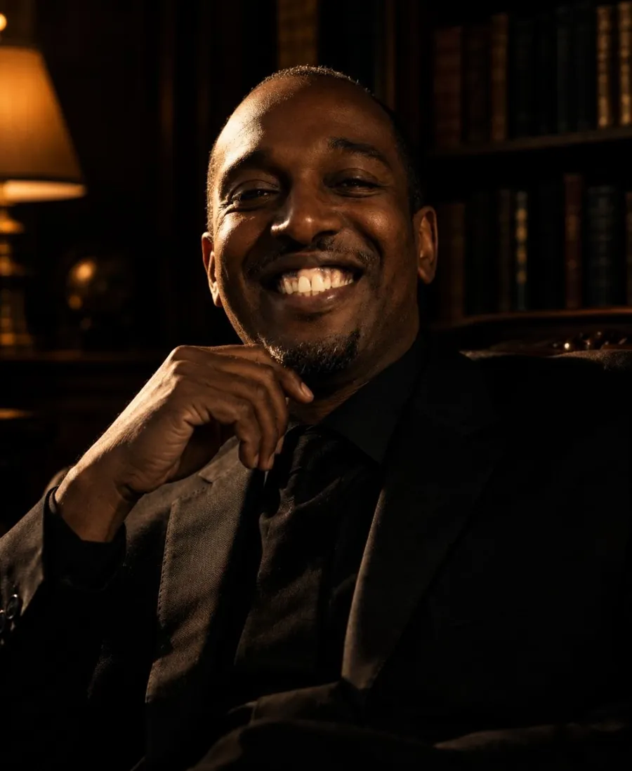 Portrait of John Turner, founder of Sovereign Productions, smiling in a dark suit in a lamplit library